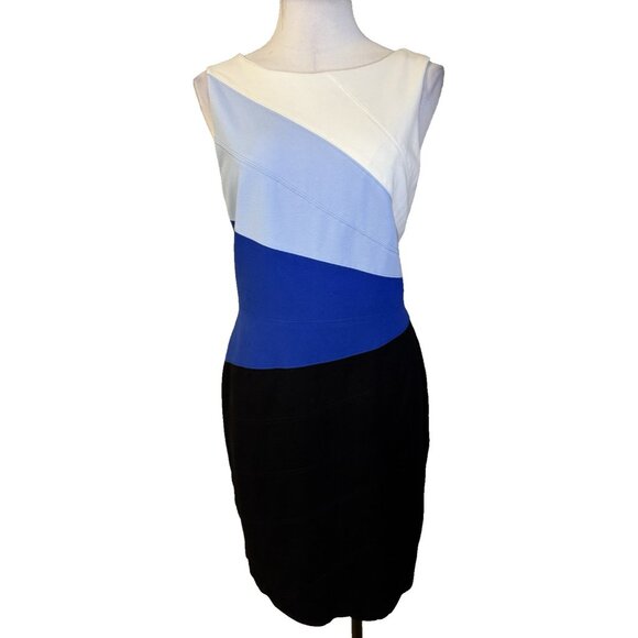 WHBM Sheath Dress 14 Blue White Black Colorblock Sleeveless Stretch Washable - Picture 1 of 10